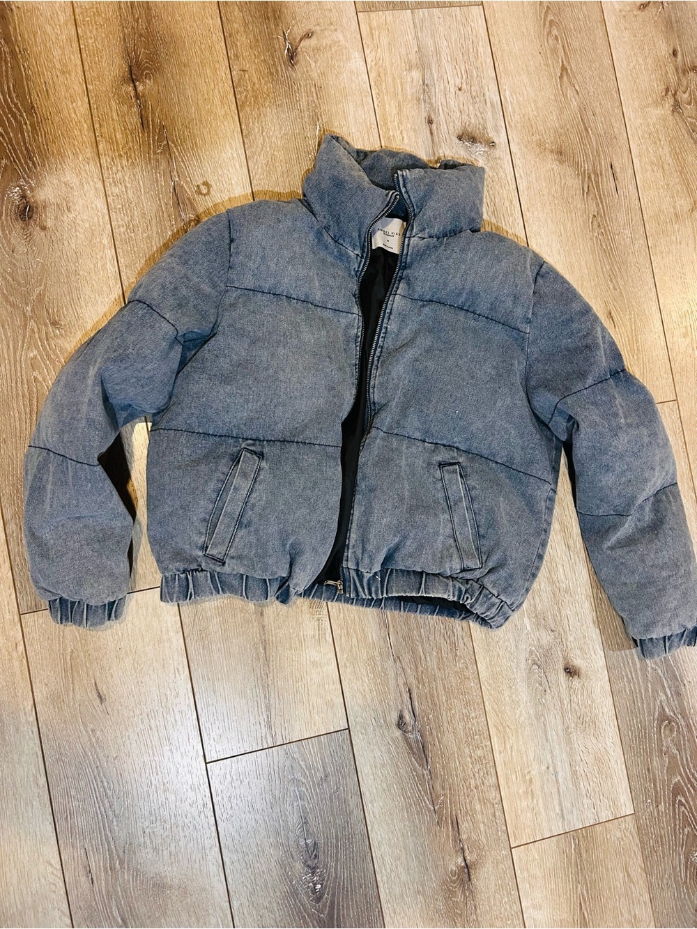 Angel Kiss Denim-Style Puffer Jacket in Heather Gray-Blue